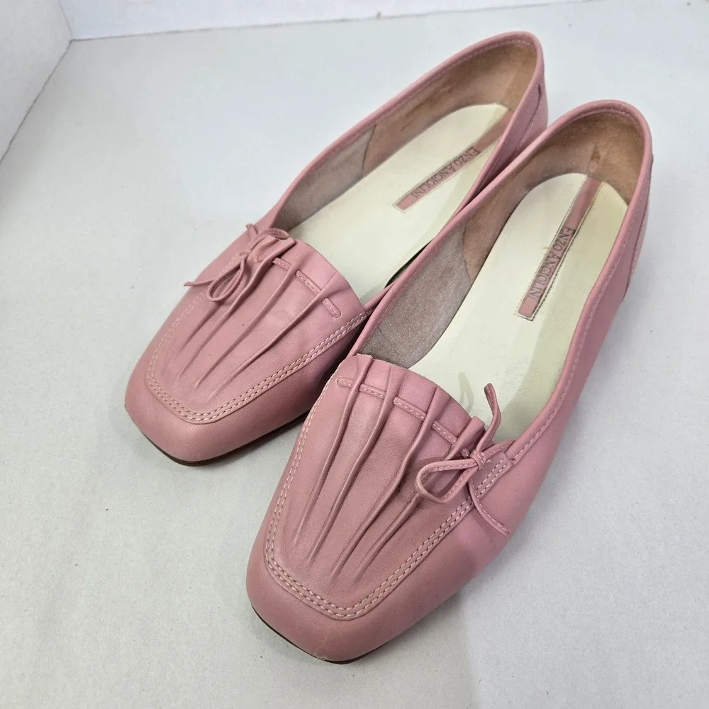 Enzo Angiolini Pink Leather Loafer Shoe Flat Size 10W Pleated Bow Square Toe 981